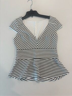 bebe Black White Striped Peplum Open Back Top Size S